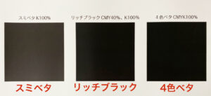 スミベタ、リッチブラック、4色ベタの黒色印刷の仕上がり